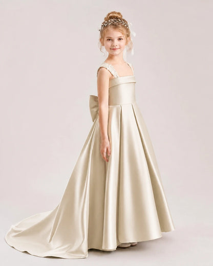 Dideyttawl Pleated Satin Flower Girl Dress with Lace Straps and Big Back Bow