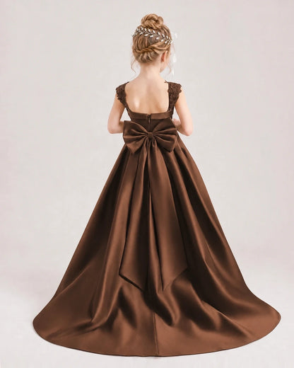 Dideyttawl Pleated Satin Flower Girl Dress with Lace Straps and Big Back Bow