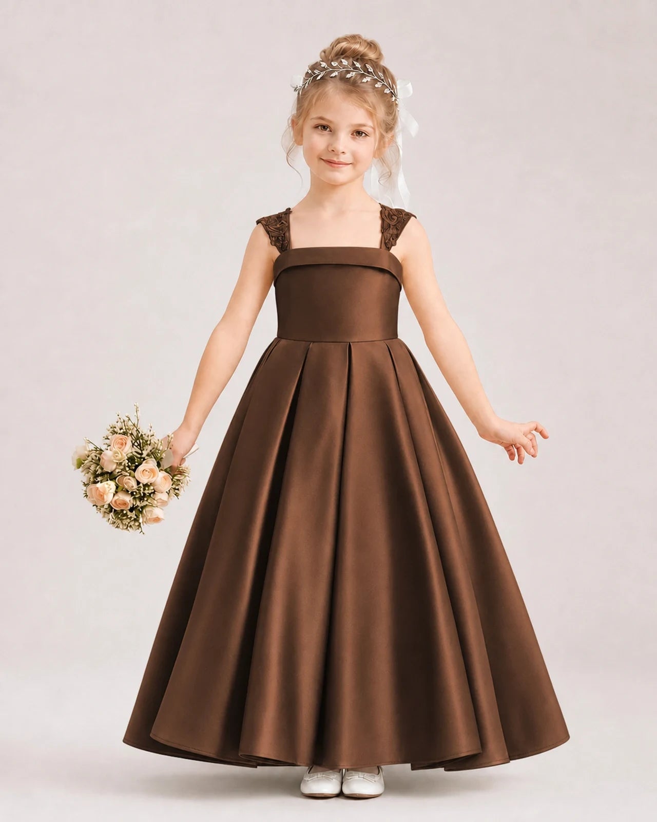 Dideyttawl Pleated Satin Flower Girl Dress with Lace Straps and Big Back Bow