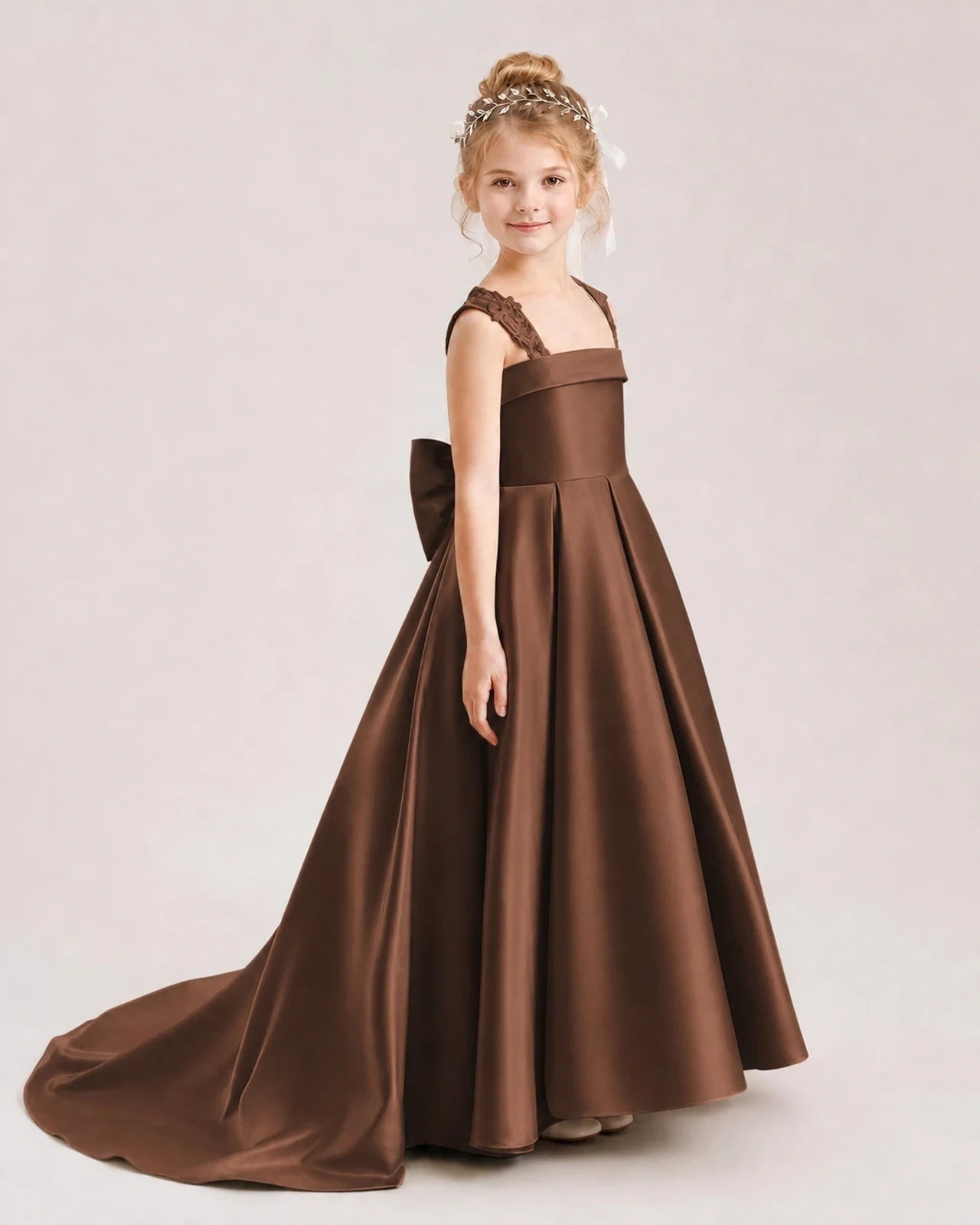 Dideyttawl Pleated Satin Flower Girl Dress with Lace Straps and Big Back Bow