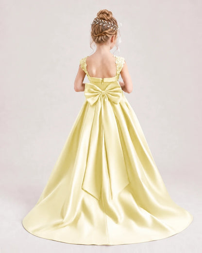 Dideyttawl Pleated Satin Flower Girl Dress with Lace Straps and Big Back Bow