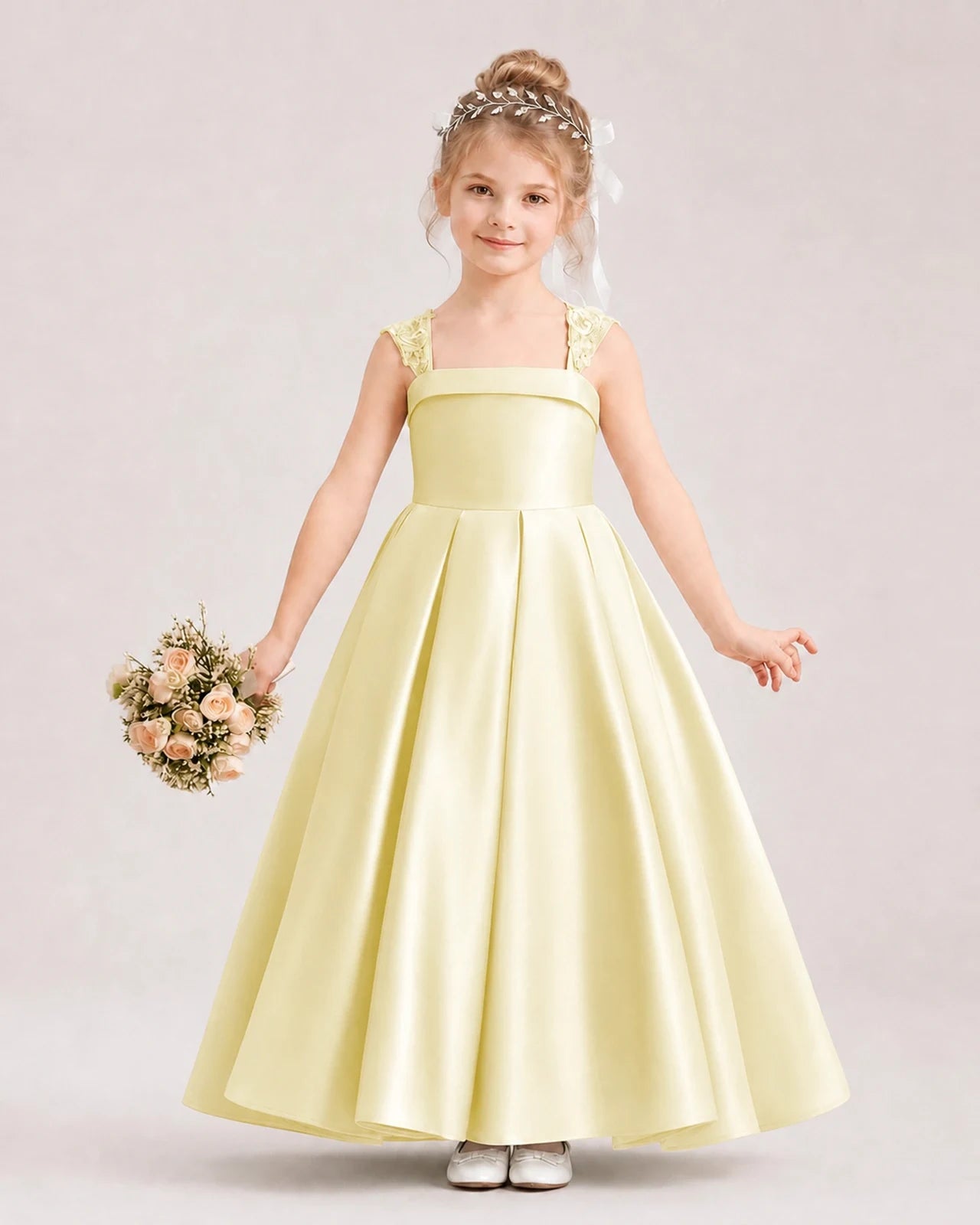 Dideyttawl Pleated Satin Flower Girl Dress with Lace Straps and Big Back Bow