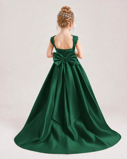 Dideyttawl Pleated Satin Flower Girl Dress with Lace Straps and Big Back Bow