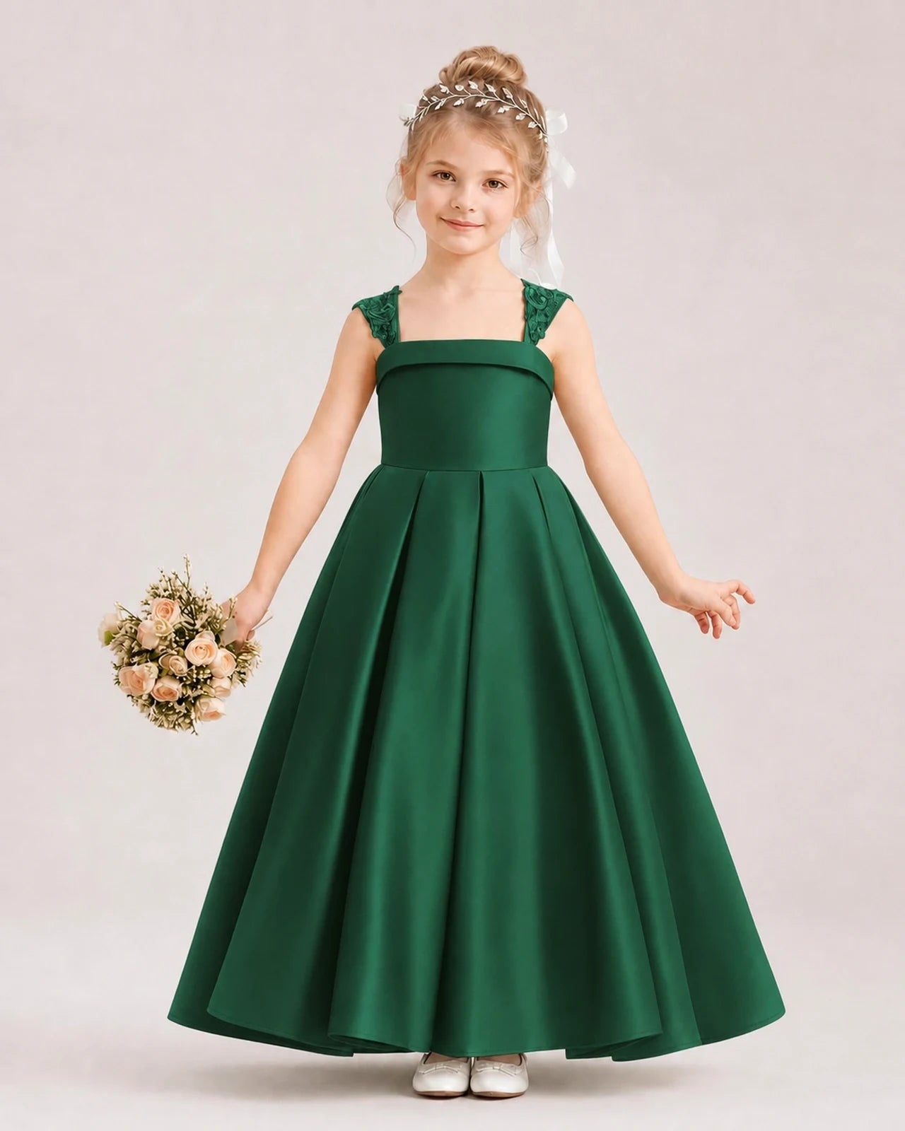 Dideyttawl Pleated Satin Flower Girl Dress with Lace Straps and Big Back Bow