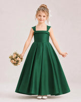Dark Green Satin Pleated A-Line Flower Girl Dresses Front View