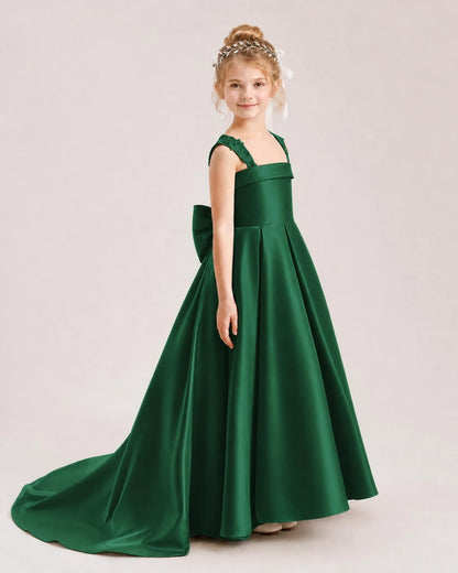 Dideyttawl Pleated Satin Flower Girl Dress with Lace Straps and Big Back Bow