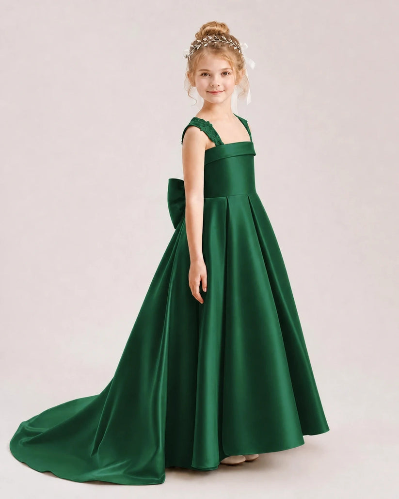 Dark Green Satin A-Line Flower Girl Dresses Side View