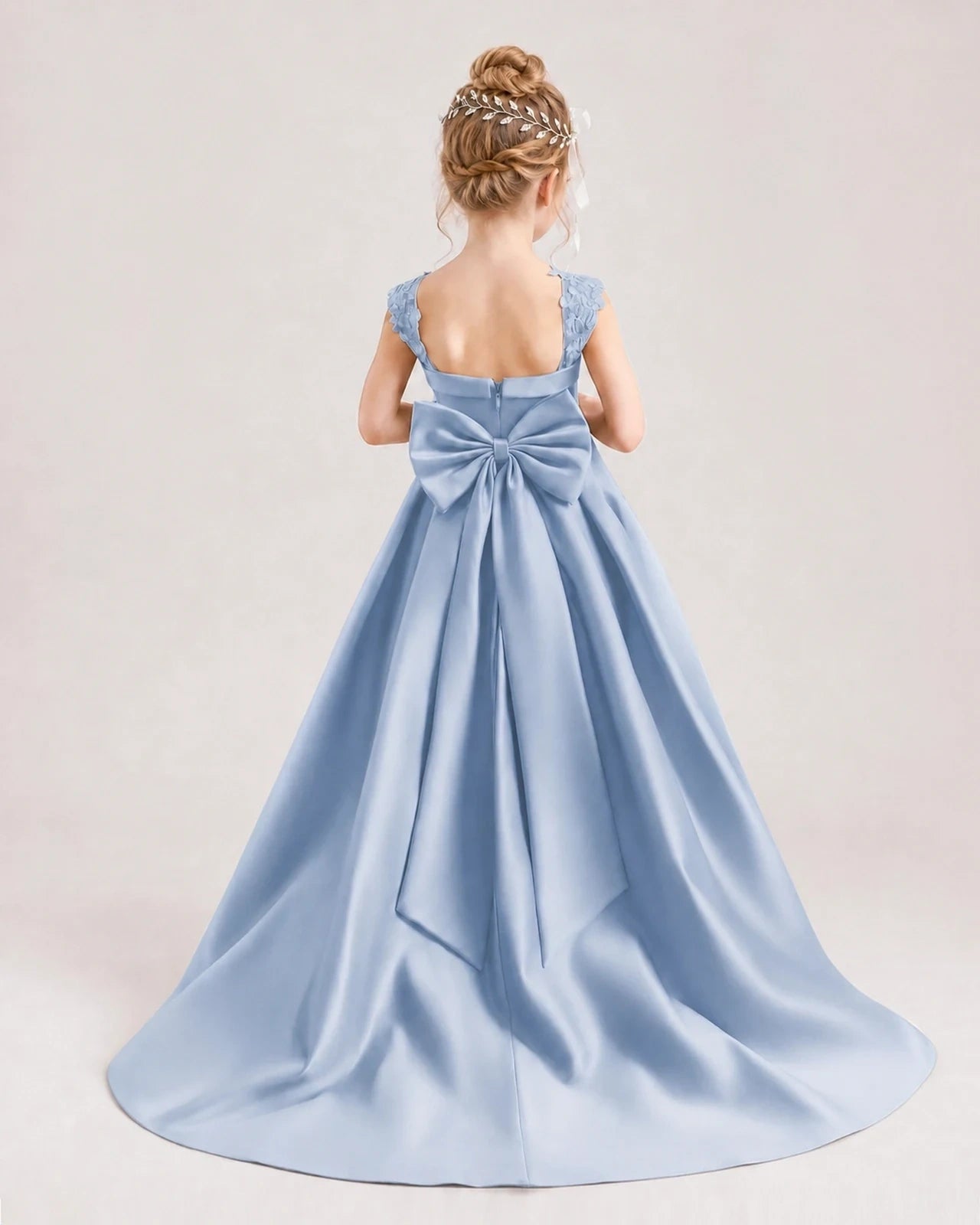 Dideyttawl Pleated Satin Flower Girl Dress with Lace Straps and Big Back Bow