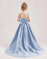 Dusty Blue Satin A-Line Flower Girl Dresses Back View