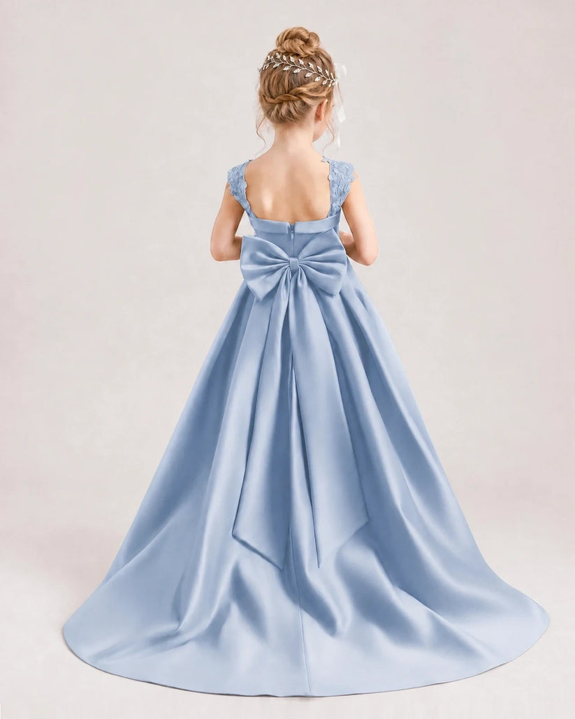 Dusty Blue Satin A-Line Flower Girl Dresses Back View