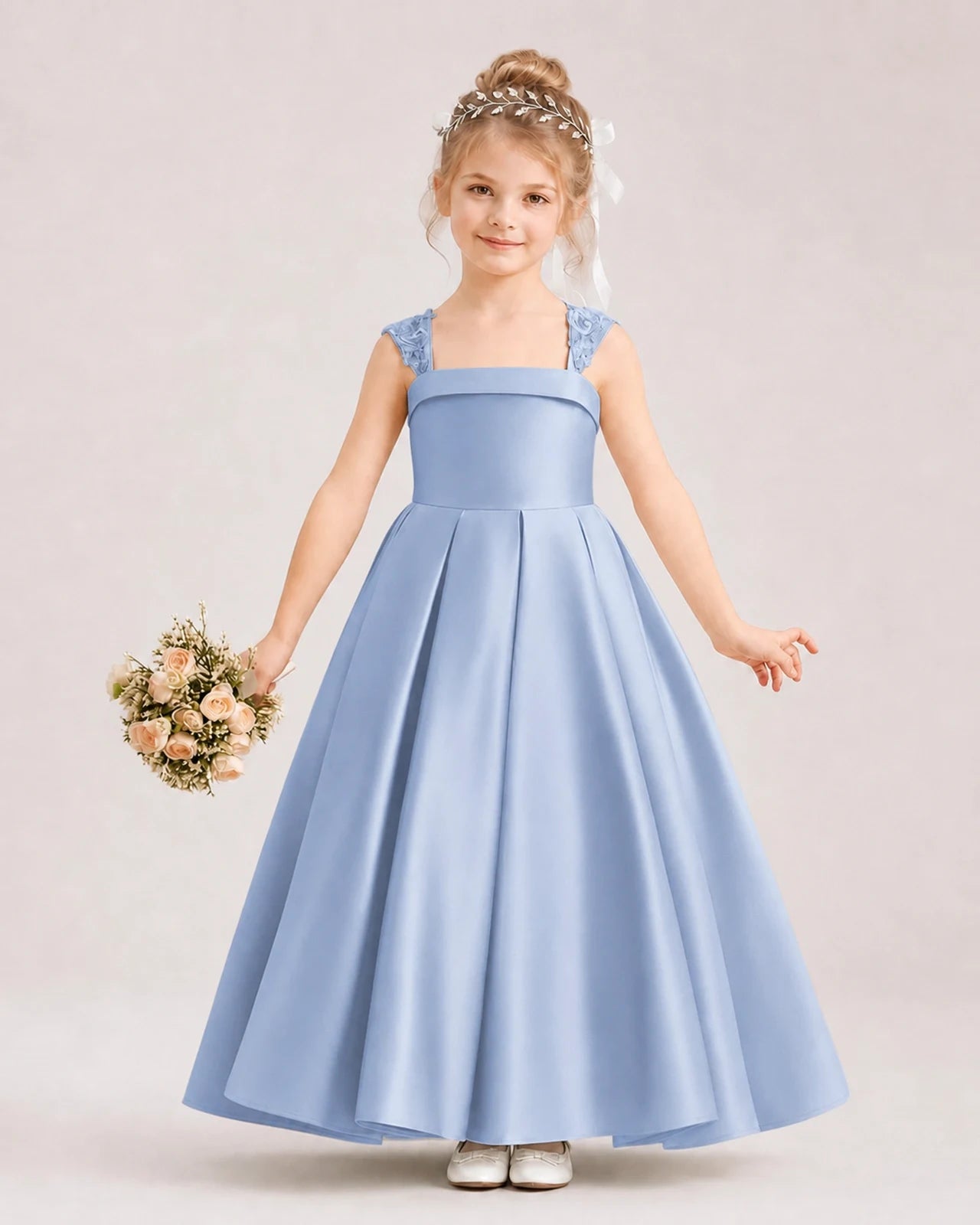 Dideyttawl Pleated Satin Flower Girl Dress with Lace Straps and Big Back Bow