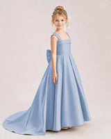 Dusty Blue Satin Pleated Flower Girl Dresses Side View