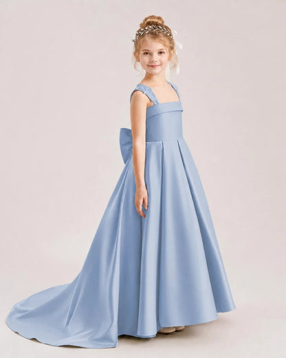 Dideyttawl Pleated Satin Flower Girl Dress with Lace Straps and Big Back Bow