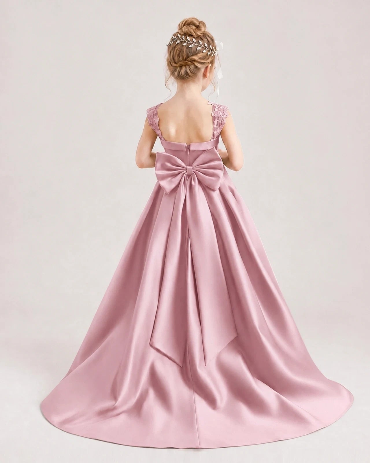 Dideyttawl Pleated Satin Flower Girl Dress with Lace Straps and Big Back Bow