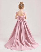 Dusty Rose Satin Ball Gown Flower Girl Dress Back View