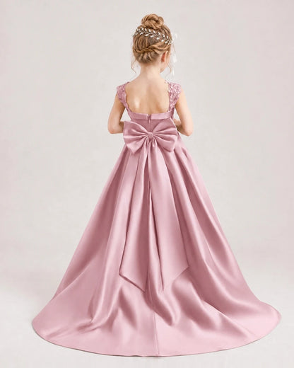 Dideyttawl Pleated Satin Flower Girl Dress with Lace Straps and Big Back Bow