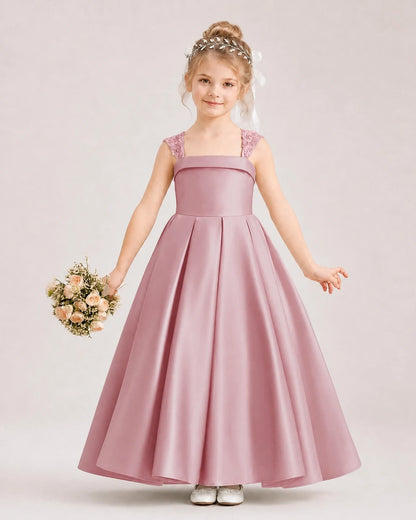 Dideyttawl Pleated Satin Flower Girl Dress with Lace Straps and Big Back Bow