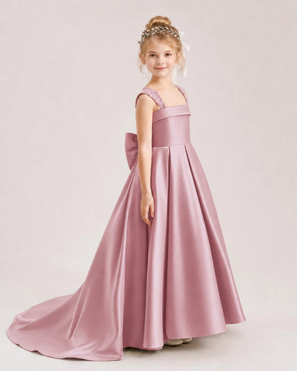 Dideyttawl Pleated Satin Flower Girl Dress with Lace Straps and Big Back Bow