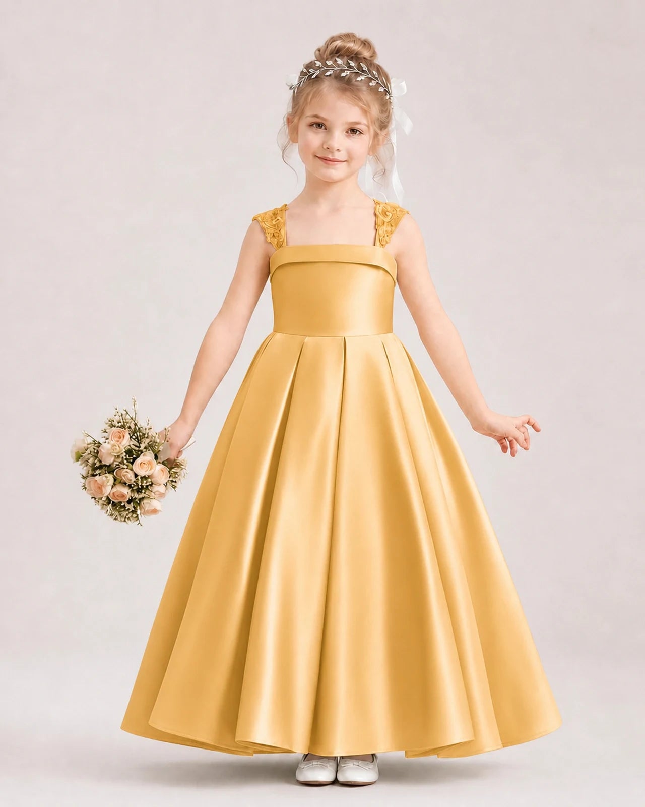 Dideyttawl Pleated Satin Flower Girl Dress with Lace Straps and Big Back Bow