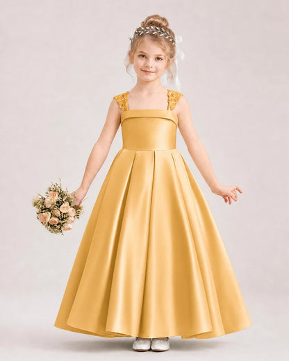 Dideyttawl Pleated Satin Flower Girl Dress with Lace Straps and Big Back Bow