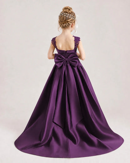 Dideyttawl Pleated Satin Flower Girl Dress with Lace Straps and Big Back Bow