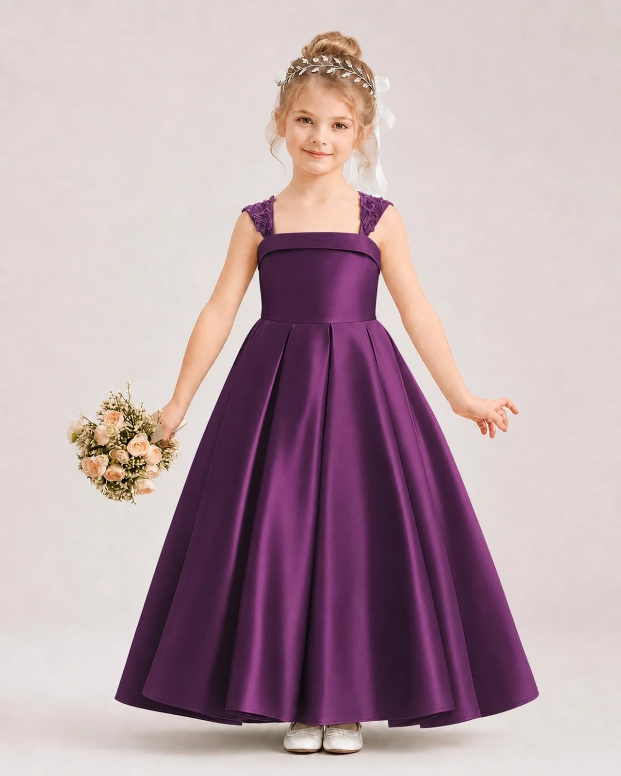 Dideyttawl Pleated Satin Flower Girl Dress with Lace Straps and Big Back Bow