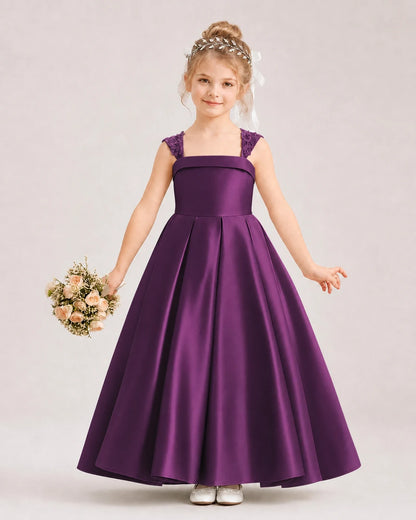 Dideyttawl Pleated Satin Flower Girl Dress with Lace Straps and Big Back Bow