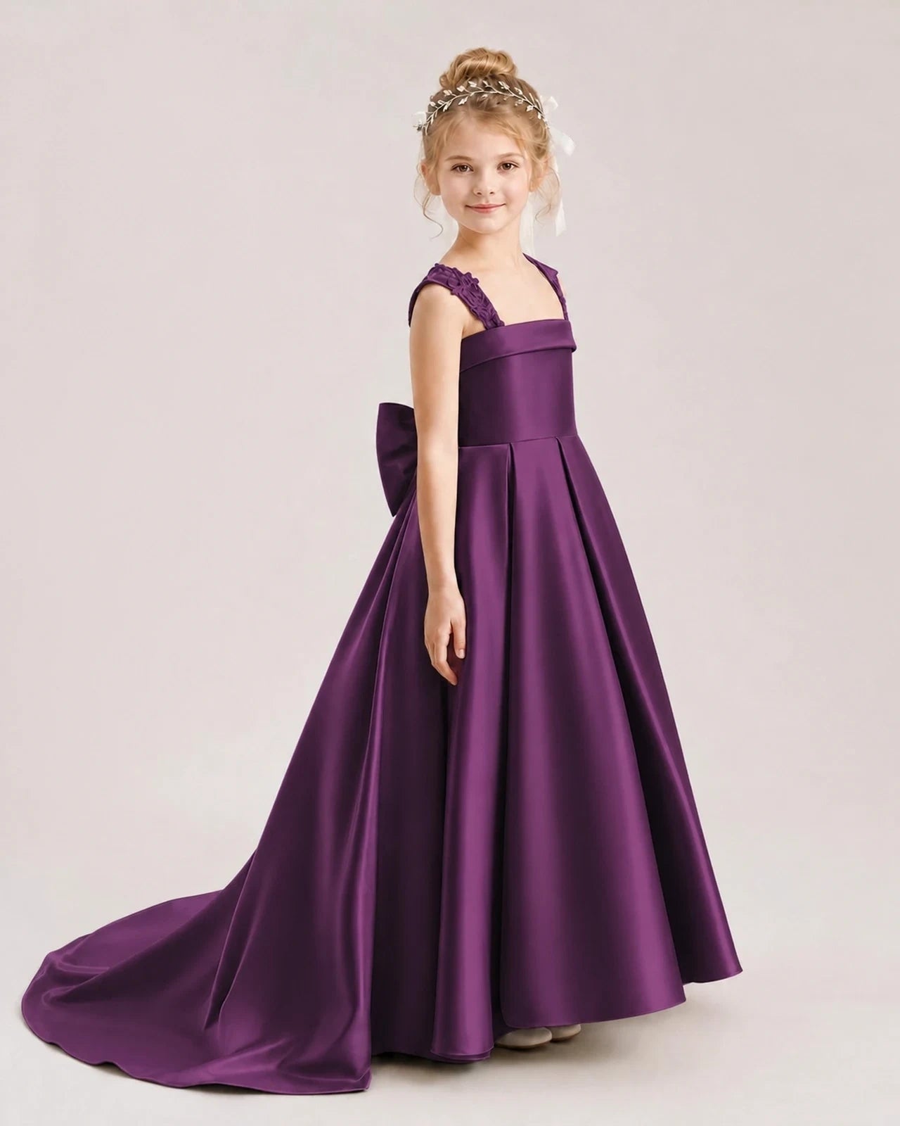 Dideyttawl Pleated Satin Flower Girl Dress with Lace Straps and Big Back Bow