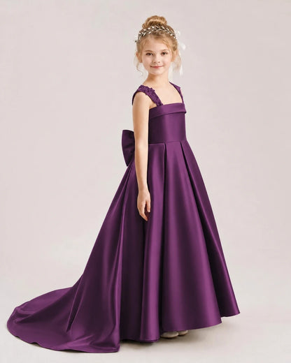 Dideyttawl Pleated Satin Flower Girl Dress with Lace Straps and Big Back Bow