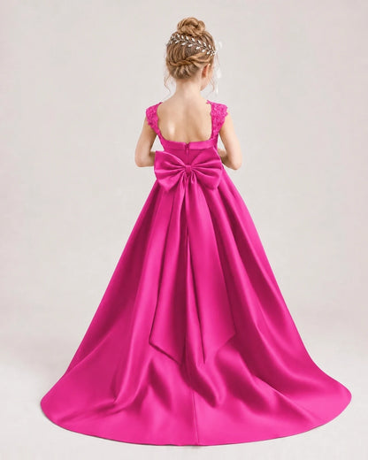 Dideyttawl Pleated Satin Flower Girl Dress with Lace Straps and Big Back Bow