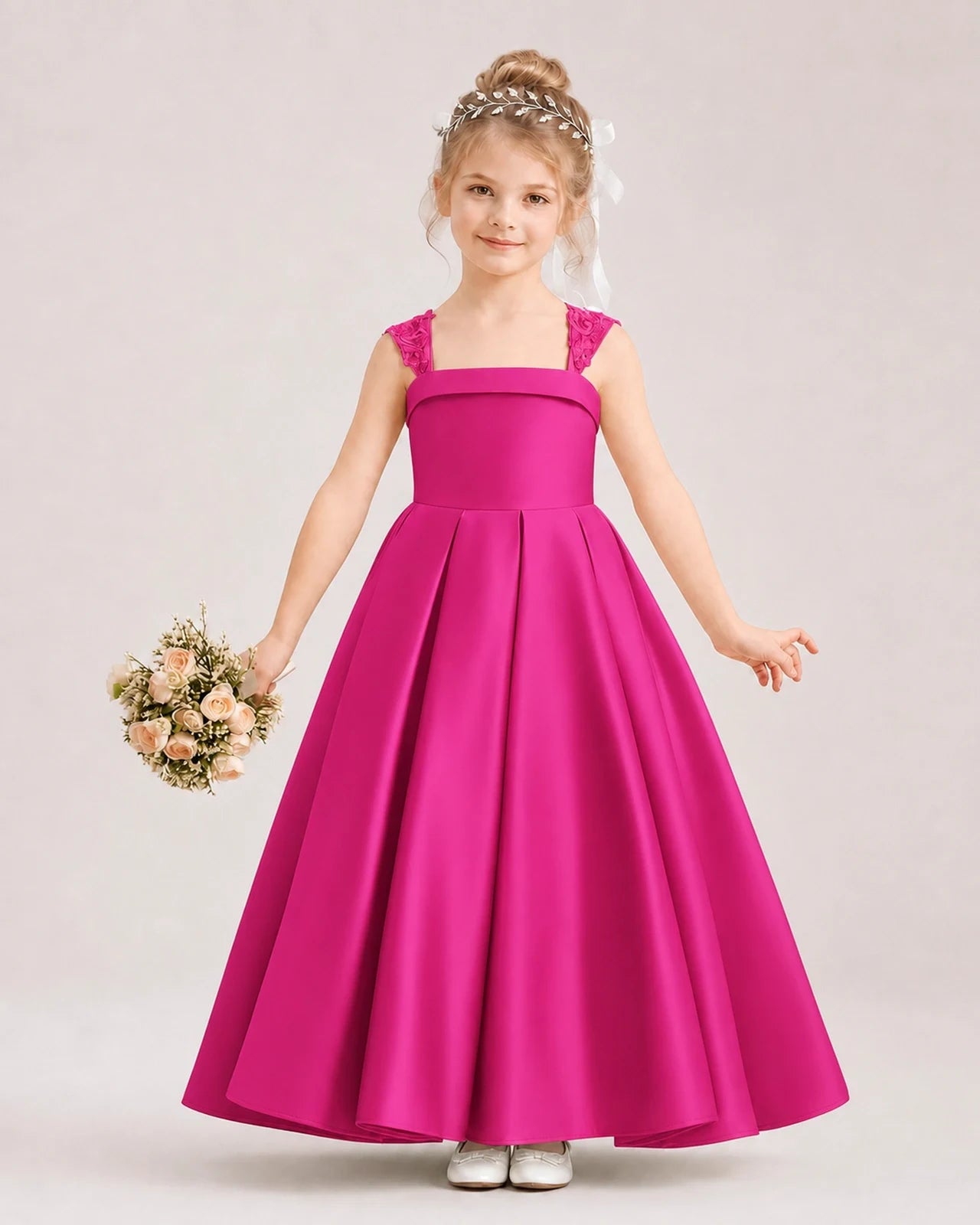 Dideyttawl Pleated Satin Flower Girl Dress with Lace Straps and Big Back Bow