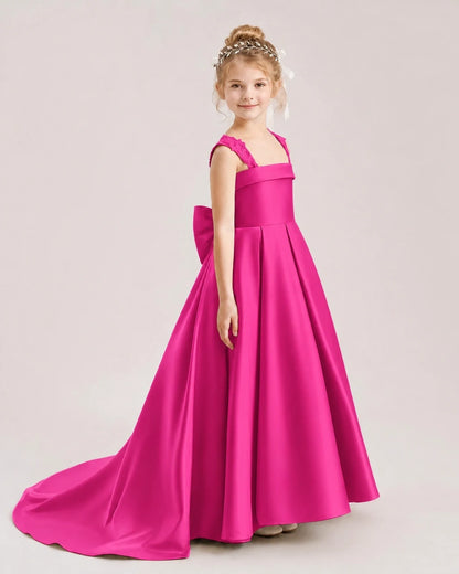 Dideyttawl Pleated Satin Flower Girl Dress with Lace Straps and Big Back Bow