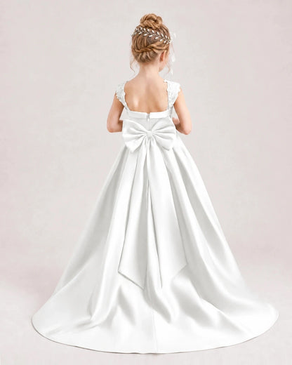 Dideyttawl Pleated Satin Flower Girl Dress with Lace Straps and Big Back Bow