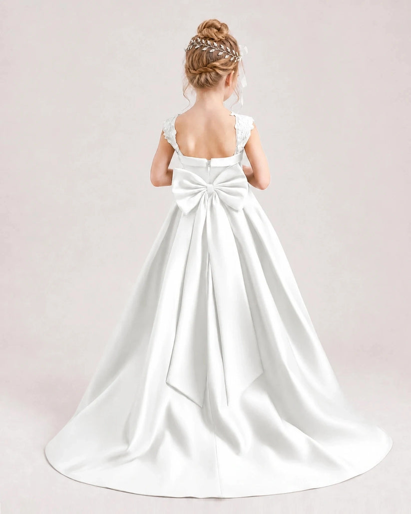 Ivory Satin A-Line Flower Girl Dresses Back View
