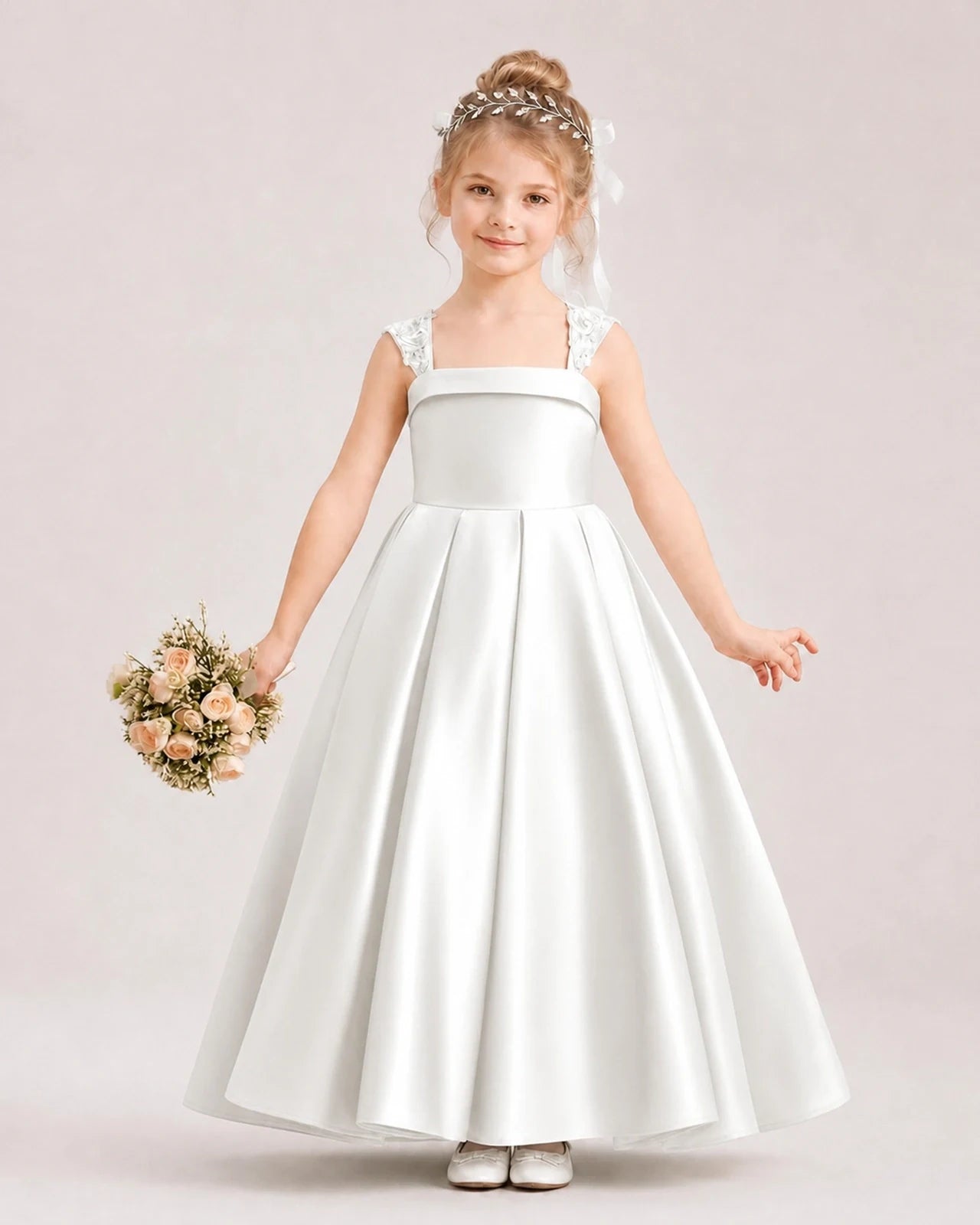 Dideyttawl Pleated Satin Flower Girl Dress with Lace Straps and Big Back Bow