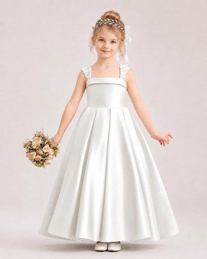 Dideyttawl Pleated Satin Flower Girl Dress with Lace Straps and Big Back Bow