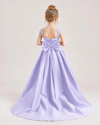 Dideyttawl Pleated Satin Flower Girl Dress with Lace Straps and Big Back Bow