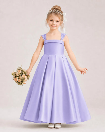 Dideyttawl Pleated Satin Flower Girl Dress with Lace Straps and Big Back Bow
