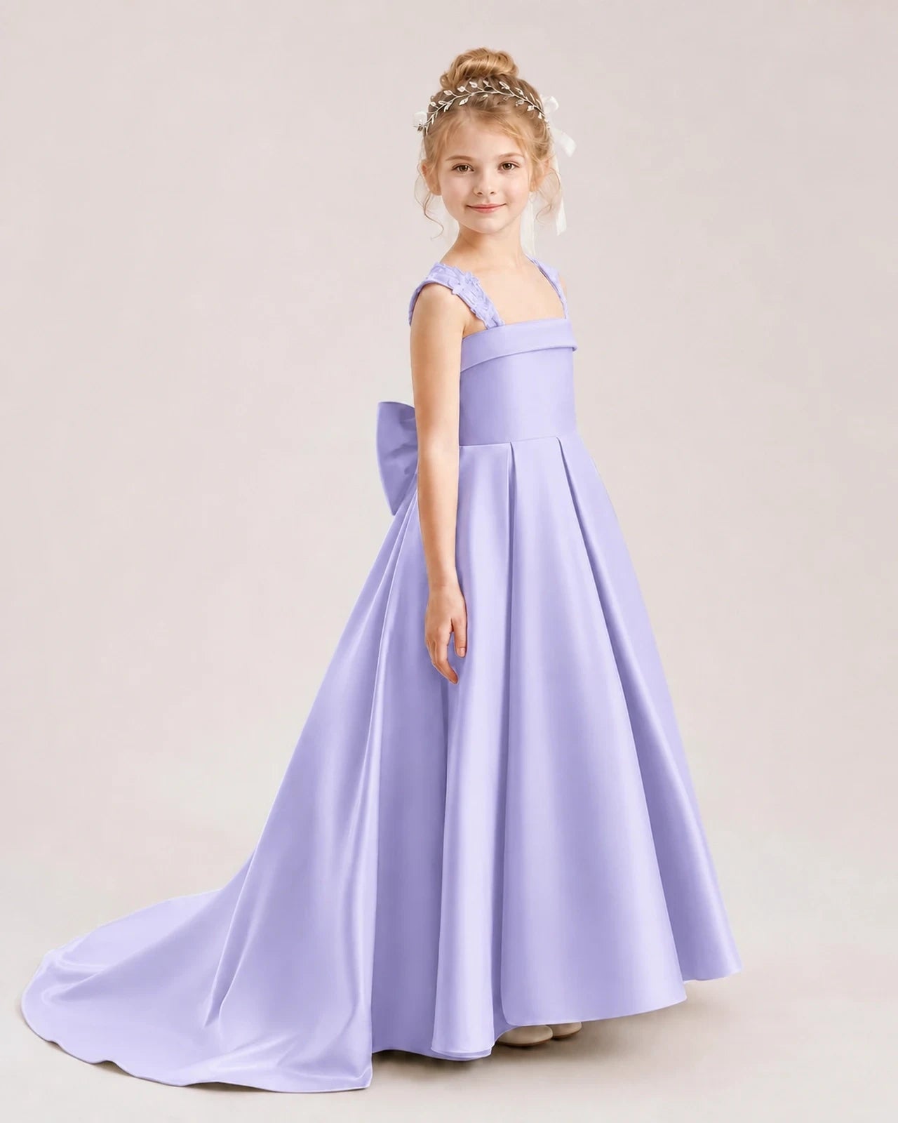 Dideyttawl Pleated Satin Flower Girl Dress with Lace Straps and Big Back Bow