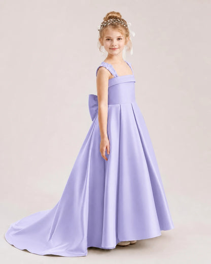 Dideyttawl Pleated Satin Flower Girl Dress with Lace Straps and Big Back Bow