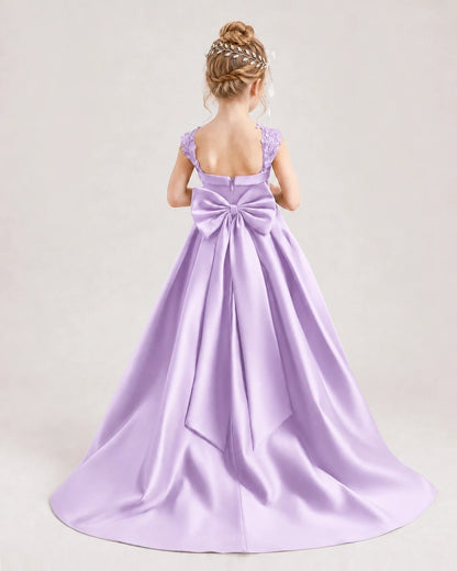Dideyttawl Pleated Satin Flower Girl Dress with Lace Straps and Big Back Bow