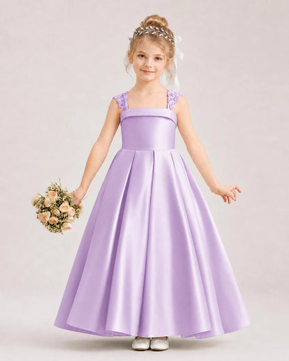 Dideyttawl Pleated Satin Flower Girl Dress with Lace Straps and Big Back Bow