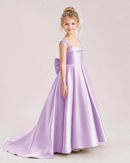 Dideyttawl Pleated Satin Flower Girl Dress with Lace Straps and Big Back Bow