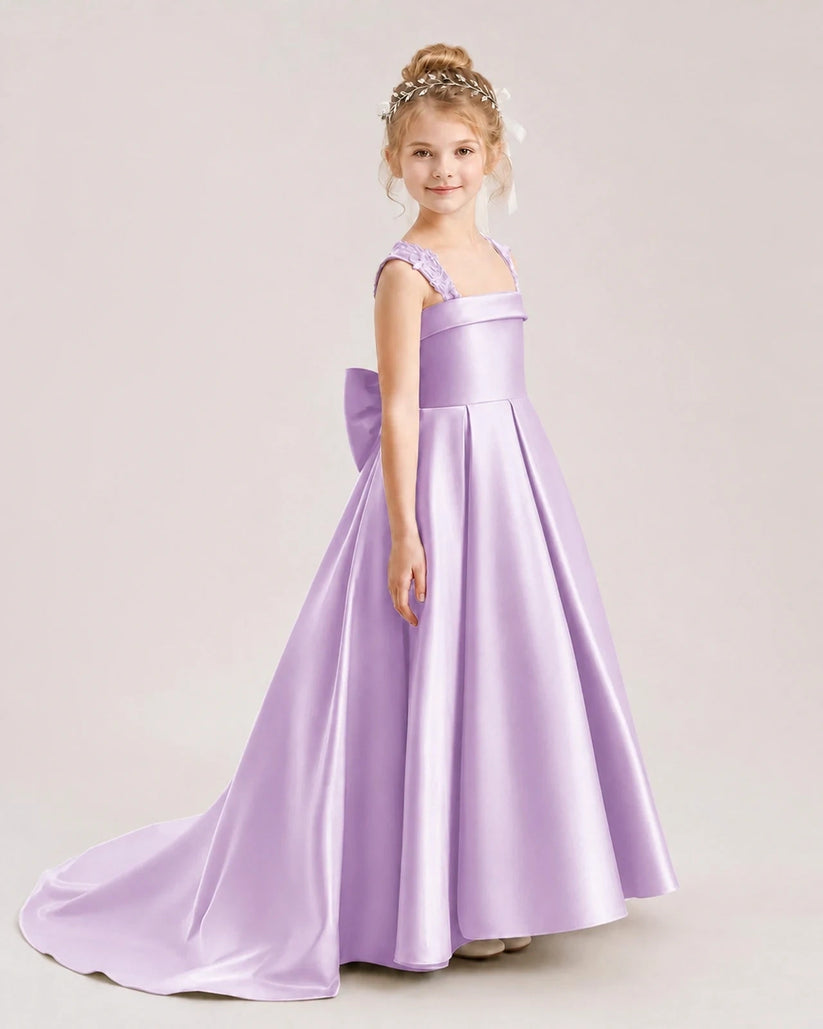 Lilac Satin A-line Flower Girl Dress Side View