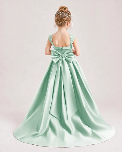 Dideyttawl Pleated Satin Flower Girl Dress with Lace Straps and Big Back Bow
