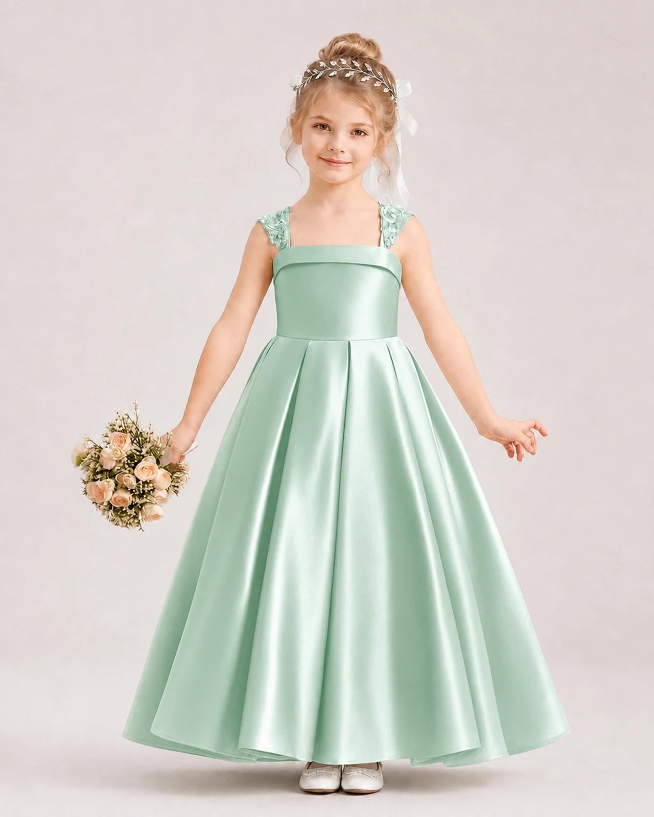 Dideyttawl Pleated Satin Flower Girl Dress with Lace Straps and Big Back Bow