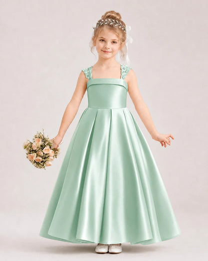 Dideyttawl Pleated Satin Flower Girl Dress with Lace Straps and Big Back Bow