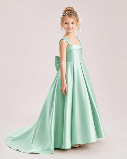 Dideyttawl Pleated Satin Flower Girl Dress with Lace Straps and Big Back Bow