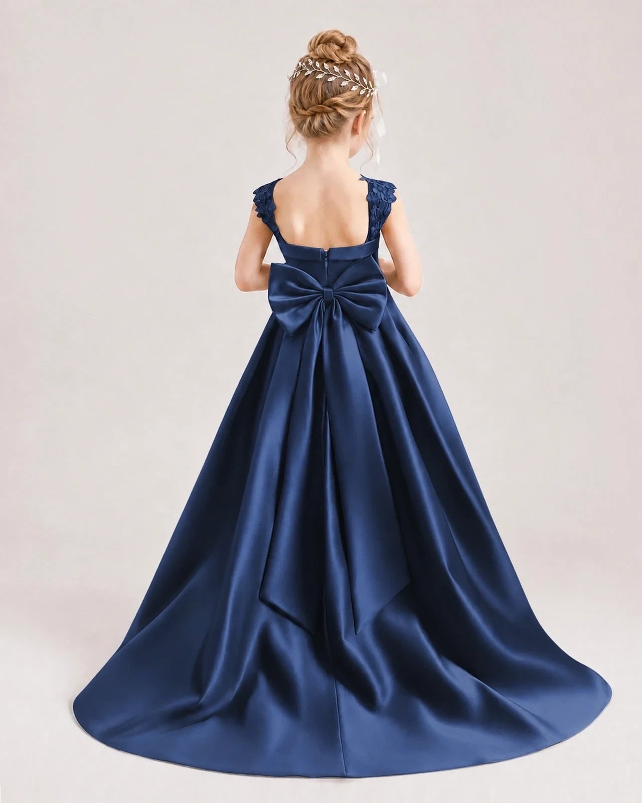 Dideyttawl Pleated Satin Flower Girl Dress with Lace Straps and Big Back Bow