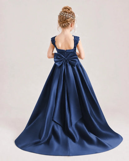 Dideyttawl Pleated Satin Flower Girl Dress with Lace Straps and Big Back Bow